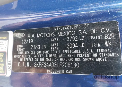 2020 Kia Forte Gt-Line from USA, damaged, VIN 3KPF34AD3LE206130
